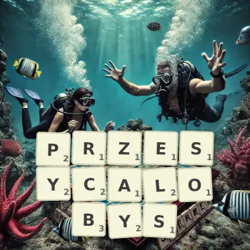 Kreatywna ilustracja do gry w Scrabble ze słowem PRZESYCALOBYS ułożonym z płytek na planszy.