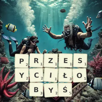 Kreatywna ilustracja do gry w Scrabble ze słowem PRZESYCIŁOBYŚ ułożonym z płytek na planszy.