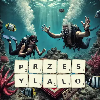 Kreatywna ilustracja do gry w Scrabble ze słowem PRZESYLALO ułożonym z płytek na planszy.