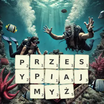 Kreatywna ilustracja do gry w Scrabble ze słowem PRZESYPIAJMYŻ ułożonym z płytek na planszy.