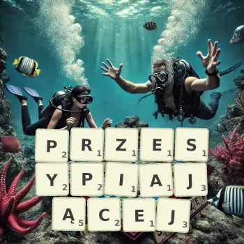Kreatywna ilustracja do gry w Scrabble ze słowem PRZESYPIAJĄCEJ ułożonym z płytek na planszy.