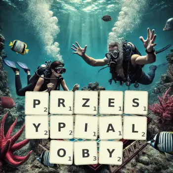 Kreatywna ilustracja do gry w Scrabble ze słowem PRZESYPIALOBY ułożonym z płytek na planszy.