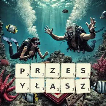 Kreatywna ilustracja do gry w Scrabble ze słowem PRZESYŁASZ ułożonym z płytek na planszy.