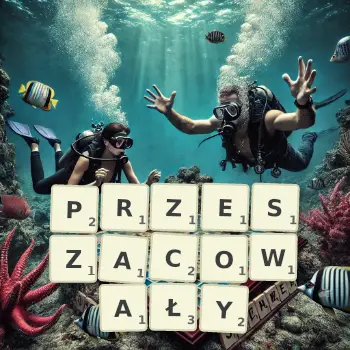Kreatywna ilustracja do gry w Scrabble ze słowem PRZESZACOWAŁY ułożonym z płytek na planszy.