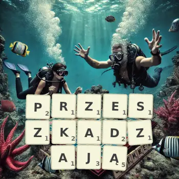 Kreatywna ilustracja do gry w Scrabble ze słowem PRZESZKADZAJĄ ułożonym z płytek na planszy.
