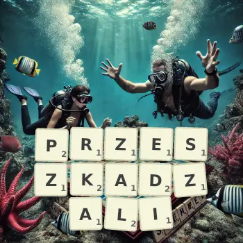 Kreatywna ilustracja do gry w Scrabble ze słowem PRZESZKADZALI ułożonym z płytek na planszy.