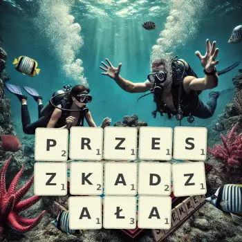 Kreatywna ilustracja do gry w Scrabble ze słowem PRZESZKADZAŁA ułożonym z płytek na planszy.
