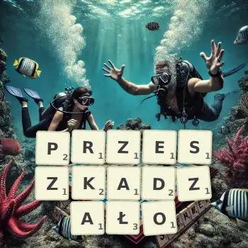 Kreatywna ilustracja do gry w Scrabble ze słowem PRZESZKADZAŁO ułożonym z płytek na planszy.