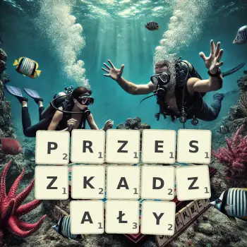 Kreatywna ilustracja do gry w Scrabble ze słowem PRZESZKADZAŁY ułożonym z płytek na planszy.