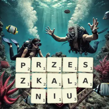 Kreatywna ilustracja do gry w Scrabble ze słowem PRZESZKALANIU ułożonym z płytek na planszy.