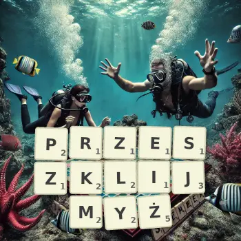 Kreatywna ilustracja do gry w Scrabble ze słowem PRZESZKLIJMYŻ ułożonym z płytek na planszy.