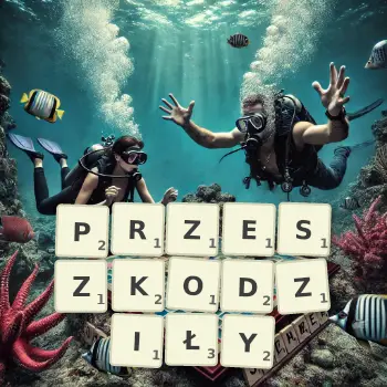 Kreatywna ilustracja do gry w Scrabble ze słowem PRZESZKODZIŁY ułożonym z płytek na planszy.