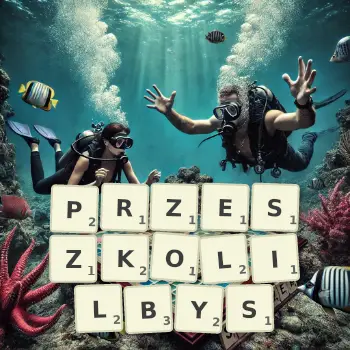Kreatywna ilustracja do gry w Scrabble ze słowem PRZESZKOLILBYS ułożonym z płytek na planszy.
