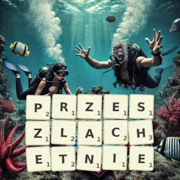 Kreatywna ilustracja do gry w Scrabble ze słowem PRZESZLACHETNIE ułożonym z płytek na planszy.