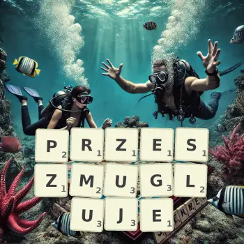 Kreatywna ilustracja do gry w Scrabble ze słowem PRZESZMUGLUJE ułożonym z płytek na planszy.