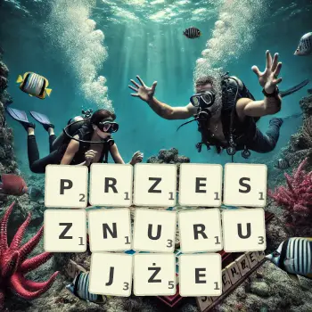 Kreatywna ilustracja do gry w Scrabble ze słowem PRZESZNURUJŻE ułożonym z płytek na planszy.