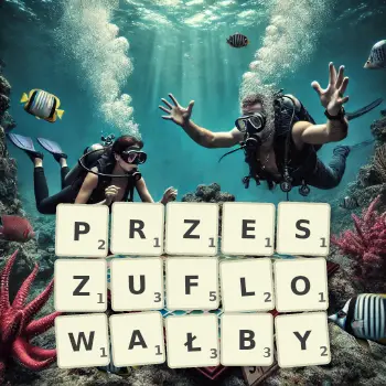 Kreatywna ilustracja do gry w Scrabble ze słowem PRZESZUFLOWAŁBY ułożonym z płytek na planszy.