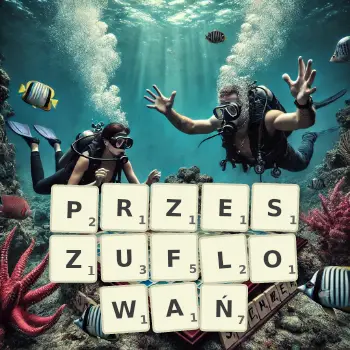 Kreatywna ilustracja do gry w Scrabble ze słowem PRZESZUFLOWAŃ ułożonym z płytek na planszy.