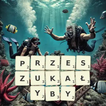 Kreatywna ilustracja do gry w Scrabble ze słowem PRZESZUKAŁYBY ułożonym z płytek na planszy.