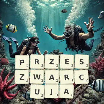 Kreatywna ilustracja do gry w Scrabble ze słowem PRZESZWARCUJA ułożonym z płytek na planszy.