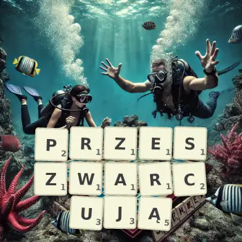 Kreatywna ilustracja do gry w Scrabble ze słowem PRZESZWARCUJĄ ułożonym z płytek na planszy.
