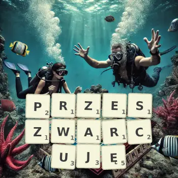 Kreatywna ilustracja do gry w Scrabble ze słowem PRZESZWARCUJĘ ułożonym z płytek na planszy.