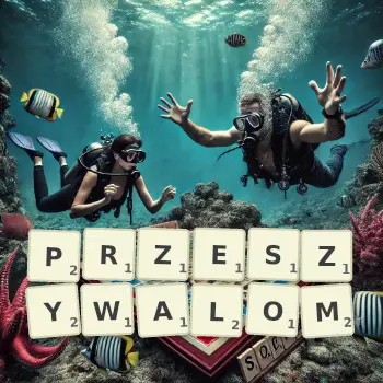 Kreatywna ilustracja do gry w Scrabble ze słowem PRZESZYWALOM ułożonym z płytek na planszy.