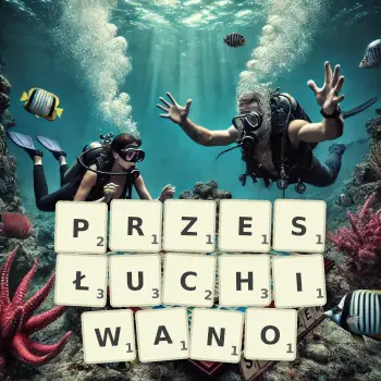 Kreatywna ilustracja do gry w Scrabble ze słowem PRZESŁUCHIWANO ułożonym z płytek na planszy.