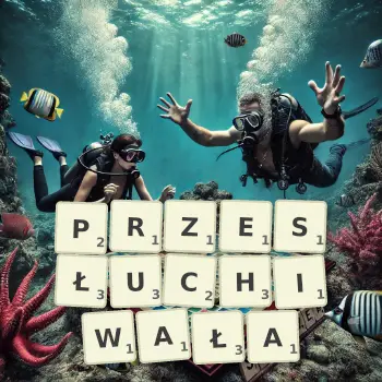 Kreatywna ilustracja do gry w Scrabble ze słowem PRZESŁUCHIWAŁA ułożonym z płytek na planszy.