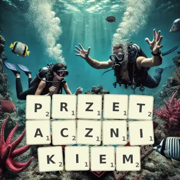 Kreatywna ilustracja do gry w Scrabble ze słowem PRZETACZNIKIEM ułożonym z płytek na planszy.