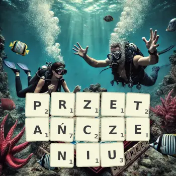 Kreatywna ilustracja do gry w Scrabble ze słowem PRZETAŃCZENIU ułożonym z płytek na planszy.