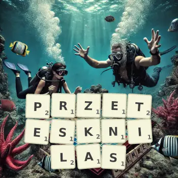 Kreatywna ilustracja do gry w Scrabble ze słowem PRZETESKNILAS ułożonym z płytek na planszy.