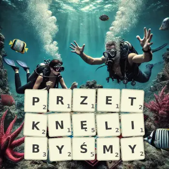 Kreatywna ilustracja do gry w Scrabble ze słowem PRZETKNĘLIBYŚMY ułożonym z płytek na planszy.