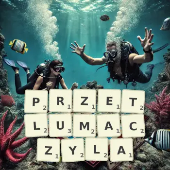 Kreatywna ilustracja do gry w Scrabble ze słowem PRZETLUMACZYLA ułożonym z płytek na planszy.