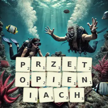 Kreatywna ilustracja do gry w Scrabble ze słowem PRZETOPIENIACH ułożonym z płytek na planszy.