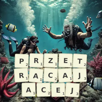 Kreatywna ilustracja do gry w Scrabble ze słowem PRZETRACAJACEJ ułożonym z płytek na planszy.