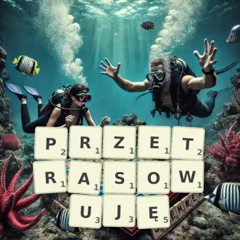Kreatywna ilustracja do gry w Scrabble ze słowem PRZETRASOWUJĘ ułożonym z płytek na planszy.