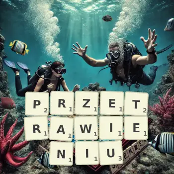 Kreatywna ilustracja do gry w Scrabble ze słowem PRZETRAWIENIU ułożonym z płytek na planszy.