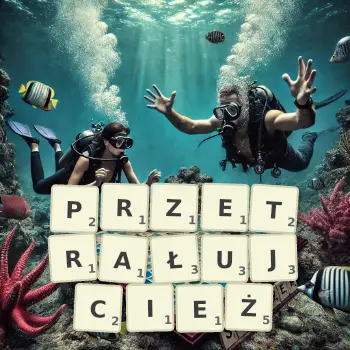 Kreatywna ilustracja do gry w Scrabble ze słowem PRZETRAŁUJCIEŻ ułożonym z płytek na planszy.