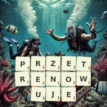 Kreatywna ilustracja do gry w Scrabble ze słowem PRZETRENOWUJE ułożonym z płytek na planszy.
