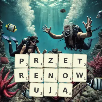 Kreatywna ilustracja do gry w Scrabble ze słowem PRZETRENOWUJĄ ułożonym z płytek na planszy.