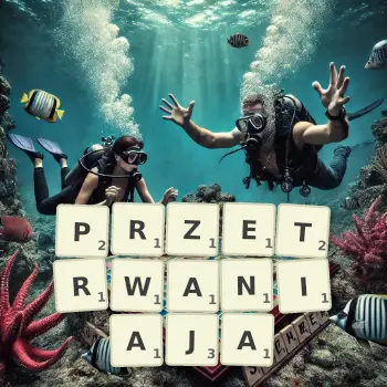 Kreatywna ilustracja do gry w Scrabble ze słowem PRZETRWANIAJA ułożonym z płytek na planszy.