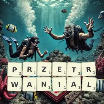 Kreatywna ilustracja do gry w Scrabble ze słowem PRZETRWANIAL ułożonym z płytek na planszy.