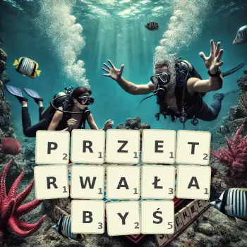 Kreatywna ilustracja do gry w Scrabble ze słowem PRZETRWAŁABYŚ ułożonym z płytek na planszy.