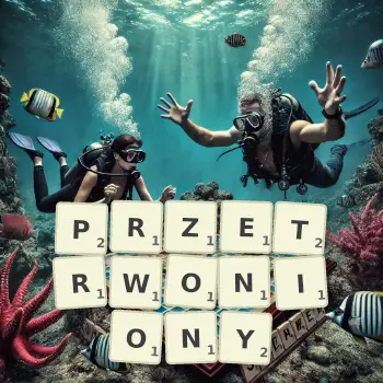 Kreatywna ilustracja do gry w Scrabble ze słowem PRZETRWONIONY ułożonym z płytek na planszy.