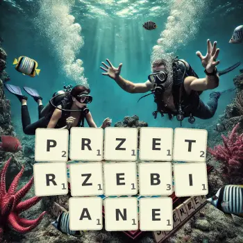 Kreatywna ilustracja do gry w Scrabble ze słowem PRZETRZEBIANE ułożonym z płytek na planszy.