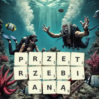 Kreatywna ilustracja do gry w Scrabble ze słowem PRZETRZEBIANĄ ułożonym z płytek na planszy.