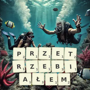 Kreatywna ilustracja do gry w Scrabble ze słowem PRZETRZEBIAŁEM ułożonym z płytek na planszy.