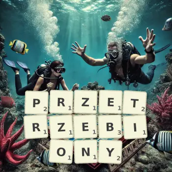 Kreatywna ilustracja do gry w Scrabble ze słowem PRZETRZEBIONY ułożonym z płytek na planszy.