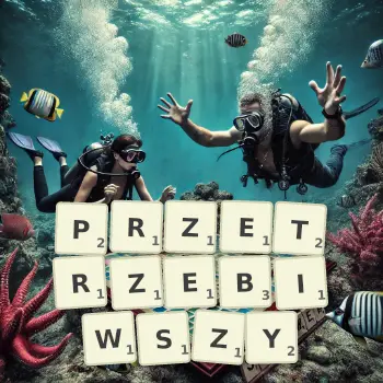 Kreatywna ilustracja do gry w Scrabble ze słowem PRZETRZEBIWSZY ułożonym z płytek na planszy.